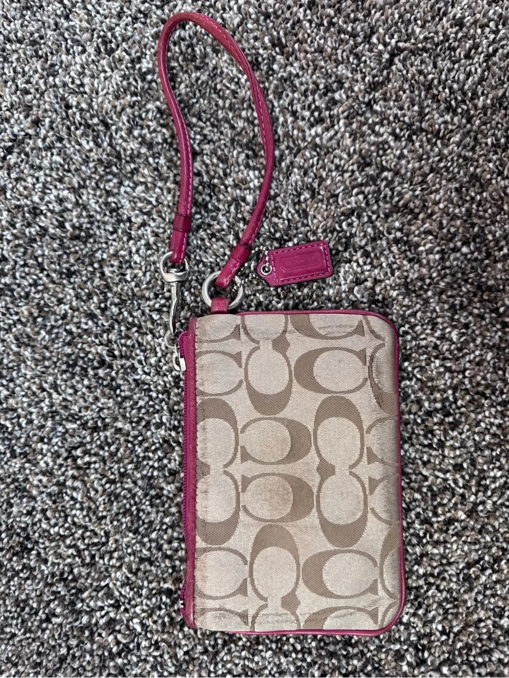 Coach Signature Canvas Wristlet in Beige with Pink Trim